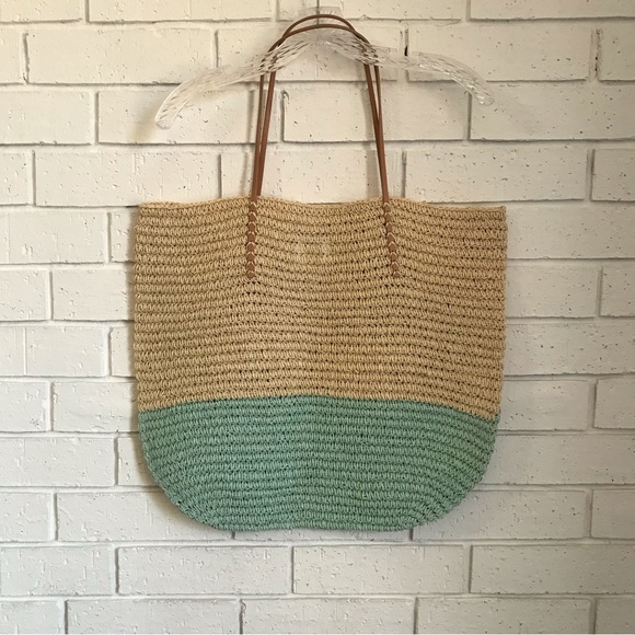 Merona Woven Paper & Leather Handle Tan & Light Blue Tote - Picture 2 of 9